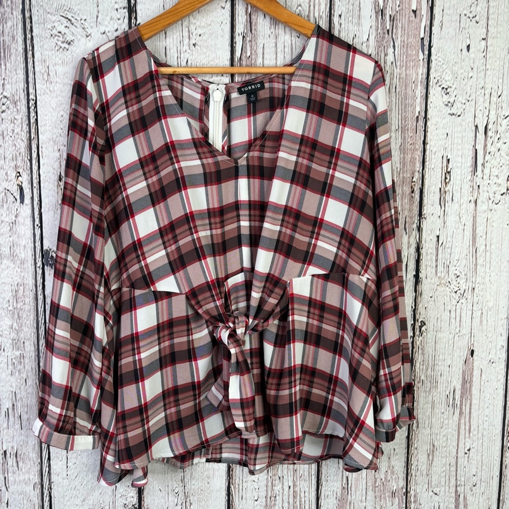 Torrid Georgette Tie Front Waist Plaid Blouse 0X | LG | 12 Lightweight Shirt EUC